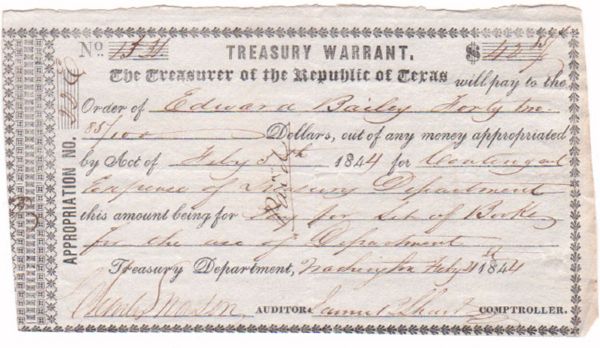 Republic of Texas Treasury Warrant