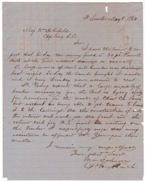 ENEMY FIRED 5 30 PD. PARROTT SHELLS AT THE FORT 