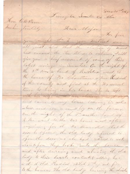1868 Alabama Letter Recounting Early Ku Klux Klan Activity 