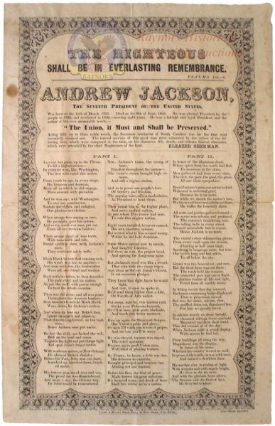 Massachusetts Poetic Broadside Honoring Andrew Jackson