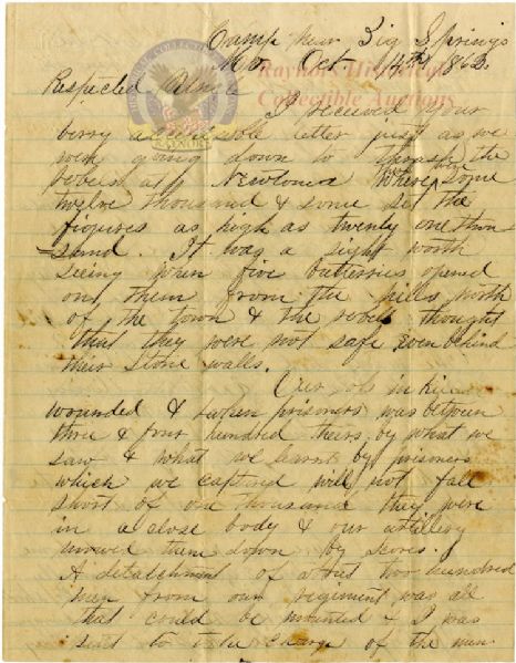 The following five lots are all written by 1st Sergeant and lieutenant Solon A. Rand, Co. G, 2nd Ohio Cavalry. He fought with his regiment throughout the war from Missouri and Kansas in 1861 to V