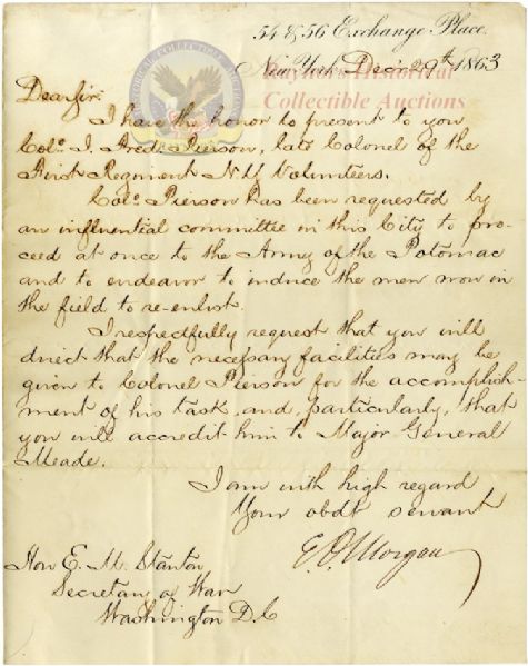 Governor Morgan Writes Secretary of War Stanton for Recruiting Assistance - Endorsed by Generals Newton, Hardie and Williams