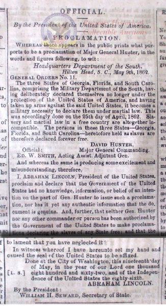 President Lincoln Revokes General Hunter’s Emancipation Order