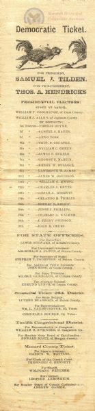 Large 1876 Tilden and Hendricks campaign ballot from Illinois. 