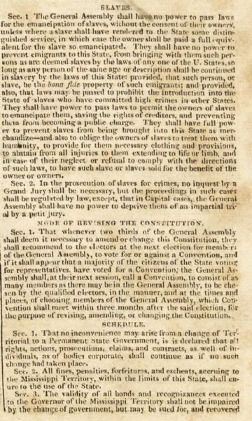 The 1817 Mississippi Constitution Defines the Limits of Government Relative to Slavery