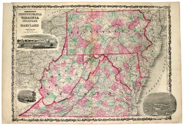 1863 Map Shows Newly Formed  State of West Virginia Together With Maryland, Delaware, Pennsylvania and Virginia