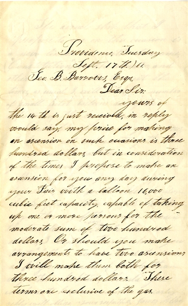 Rare 1861 Civil War Balloonist Letter. 