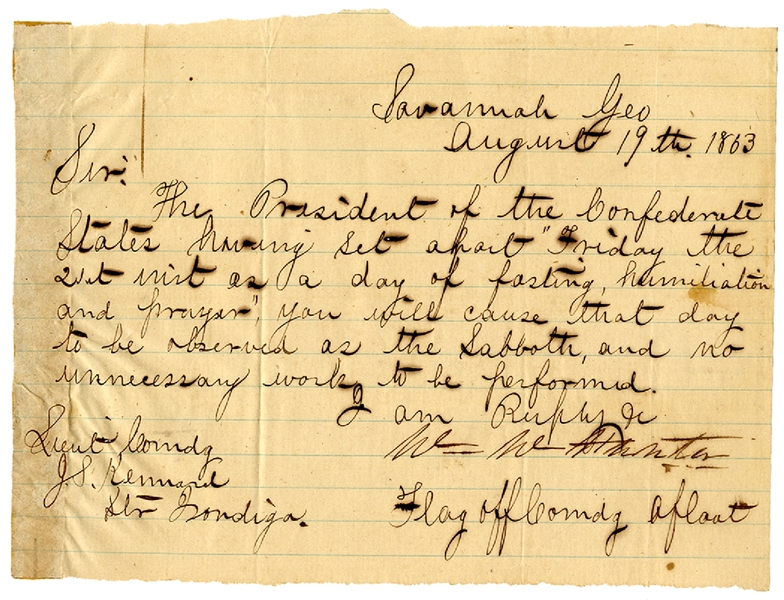 William W. Hunter. Order to observe President Davis' Day of Prayer in the Savannah Squadron