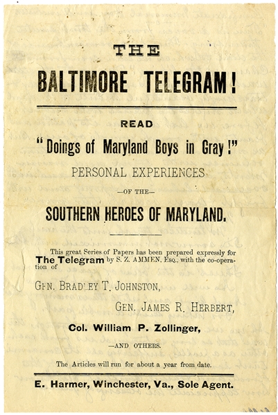 Southern Baltimore Telegram Advertisement with Confederate Memorial Day Poem.