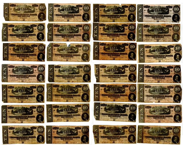 Collection of 28 Confederate Ten-Dollar Bills.