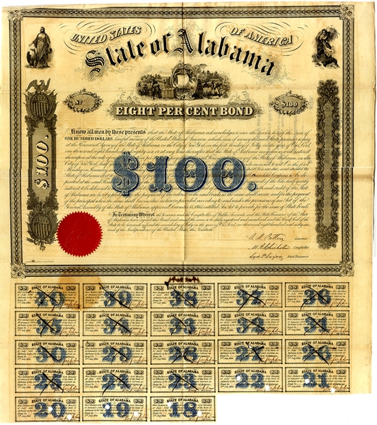 1866 Alabama $100.00 Bond. 