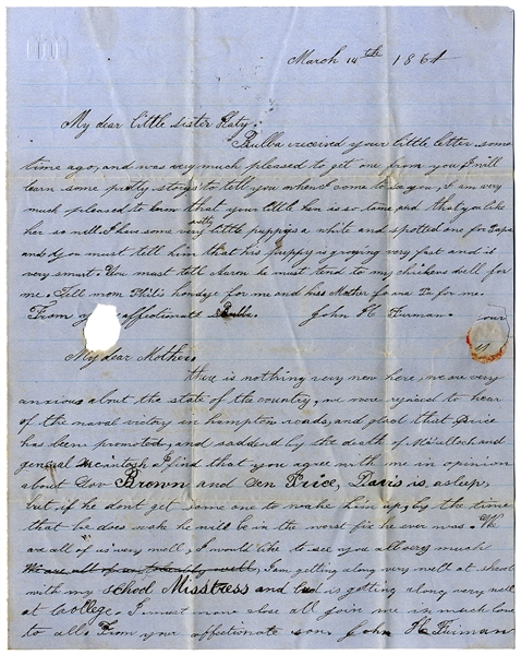 South Carolina Citizen Writes About The Politics and Military News of Early 1862