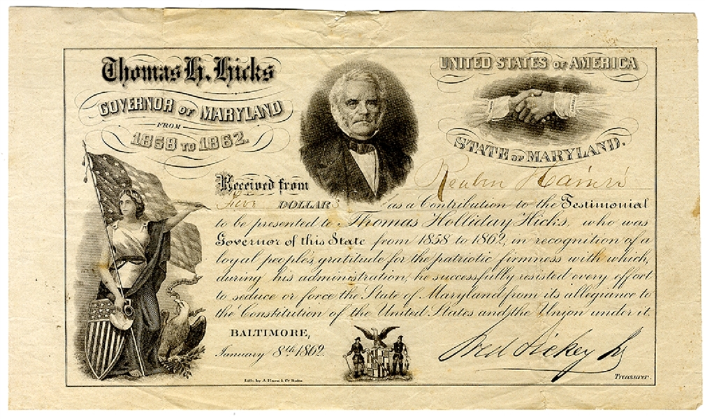 Fancy Maryland Donation Receipt For Governor Hicks