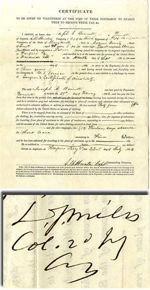 Endorsed Discharge Certificate Document Signed by Infamous Commander of Harpers Ferry, Col. Dixon S. Miles From Harpers Ferry