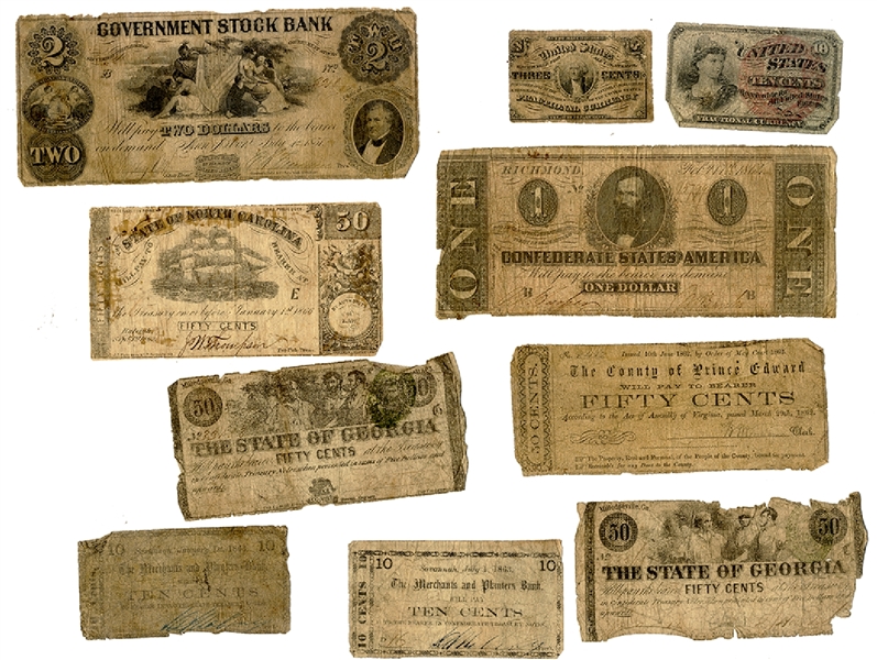 Collection of Civil War Era Currency, 10 pieces. 