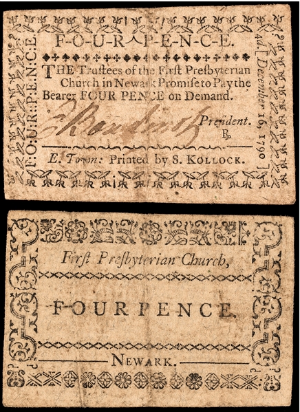 ELIAS BOUDINOT Signed 1790 Four Pence Church Currency Note on Newark, New Jersey