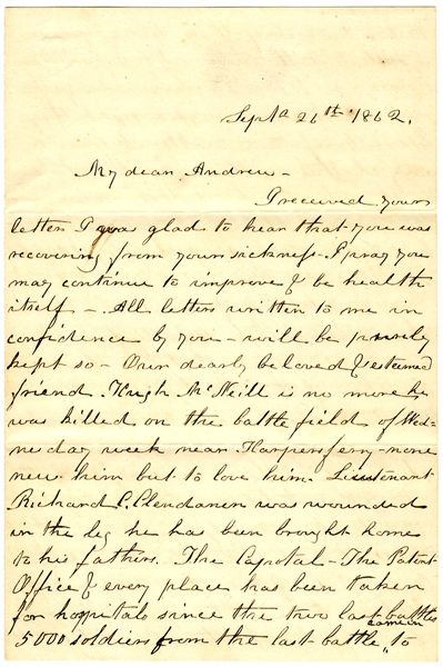 Post Battle of Antietam Washington, D. C.: The Capitol, Patent Office & Every Place Has Been Taken For Hospitals. 