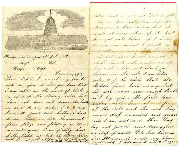 27th Connecticut Battle Letter from the Battle of Fredericksburg – George S. Hill Describes being Hit there 3 Times & with a Piece of Shell Still Stuck Between his Eyes. His Overcoat had 9 Bullet...