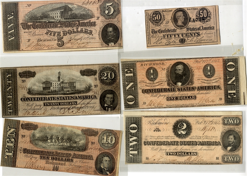 Ungraded Group of SIX  Confederate Bills