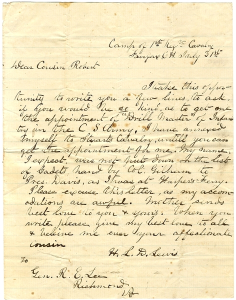 R.E. Lee's Cousin Writes Lee For An Appointment While Serving In Stuart's Cavalry