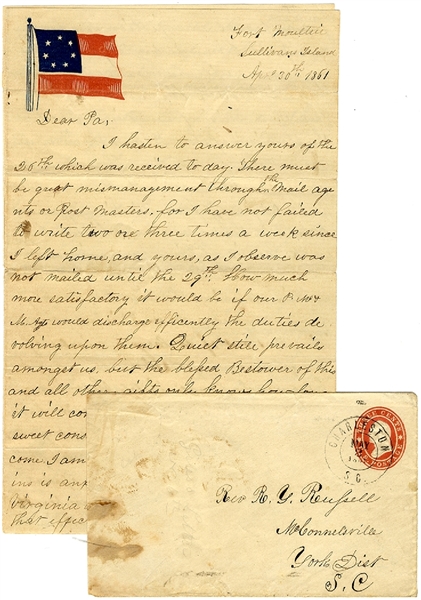 Four Page Letter on Confederate Patriotic Stationary Written From FORT MOULTRIE