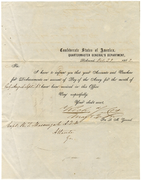 Confederate Quartermaster Form Preprinted on Confederate States of America, Quartermaster General's Department letterhead,