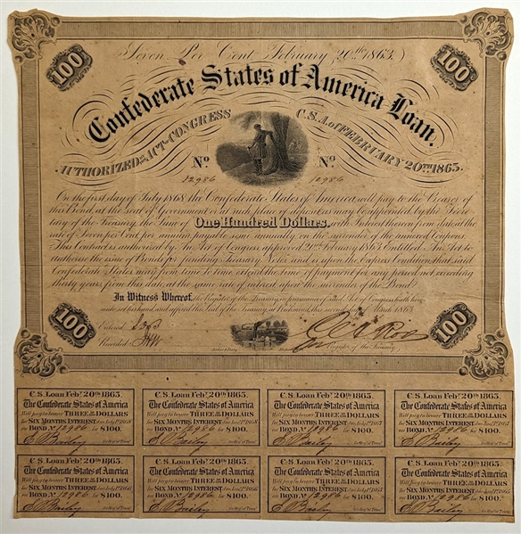 Mid-War CSA Bond Mid-war bond issued from the Confederate Capital at Richmond, Virginia.