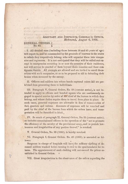 Confederate Imprint: General Orders Detailing The Disposition Of Dead Soldiers Clothing