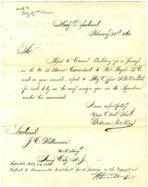 Gideon Wells Orders Naval Lieutenant To Port Royal