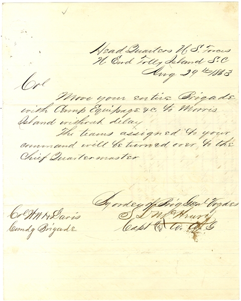 Orders To Col. Wm W. H. Davis Who Briefly Commanded The 54th Mass