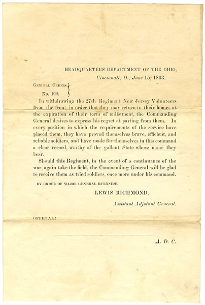 General Burnside Congratulates The 27th New Jersey On Their Distinguished Service In The Field.