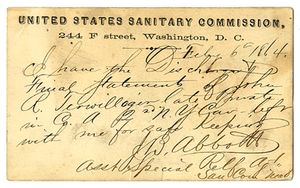 The Sanitary Commission Card Is Signed The Same Date As The Soldier's Disability Discharge