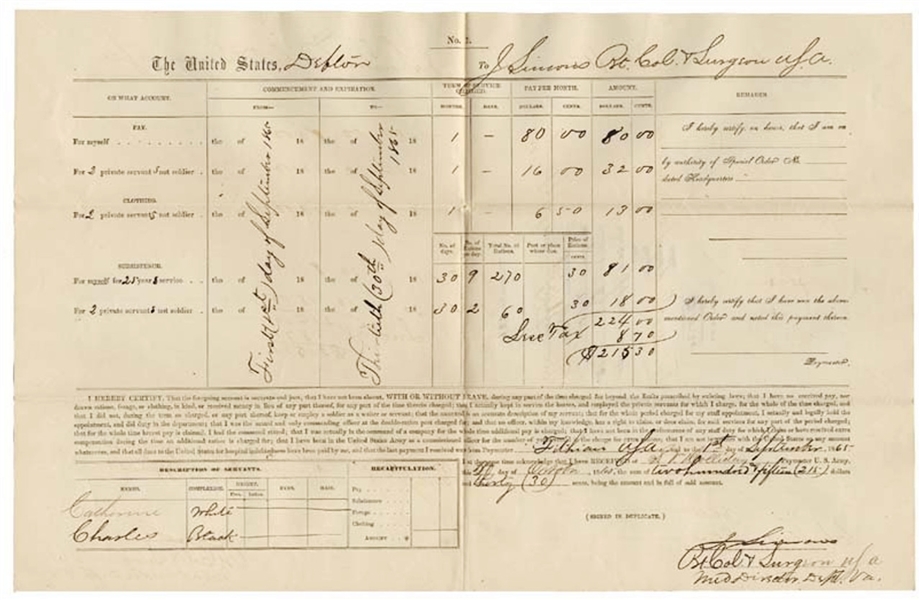 Partly Printed Account For A Civil War Surgeon And His Black Servant