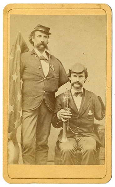 CDV Photo of Civil War Amputee Vets, One With A Flag And The Other Holding His Bugle.