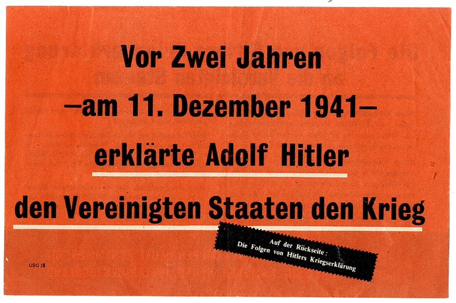 Allied Propaganda Leaflet German language (use Google Translate), 8-1/2 x 11, 2pp., headline, After Hitler's Fall, The Leading Statesman of the United Nations Proclaim ... The leaflet, printed...