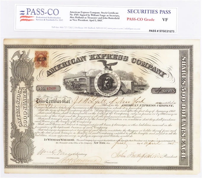 An Early American Express Company Stock Signed By Fargo, Butterfield And Holland 1865, New York.