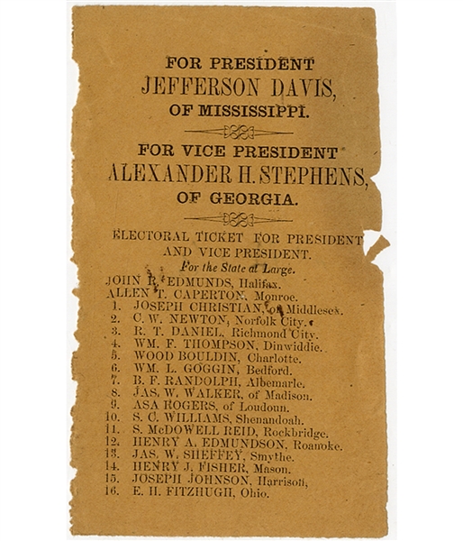 Jefferson Davis and Alexander Stephens Virginia Electoral Ticket