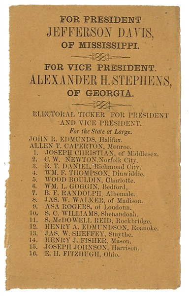 Jefferson Davis and Alexander Stephens Virginia Electoral Ticket