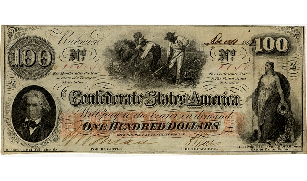 1862Confederate $100 Currency Note 