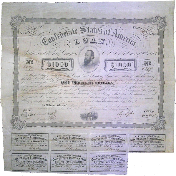 Stonewall Jackson Vignette Confederate $1,000 Bond on Pink Paper 