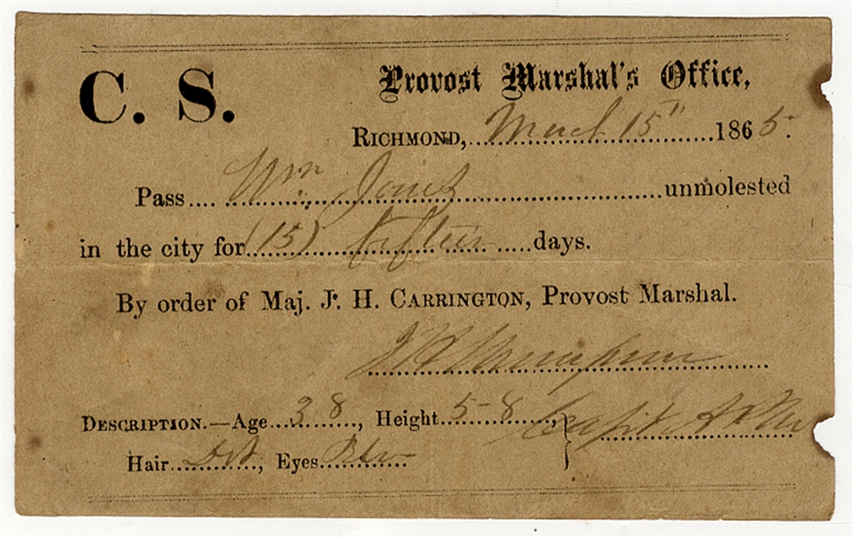 Pass Issued By The Man Who Burned Richmond