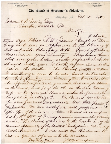 The Freedmen’s Mission Leases Land For Oil & Gas Exploration - Pennsylvania 1896