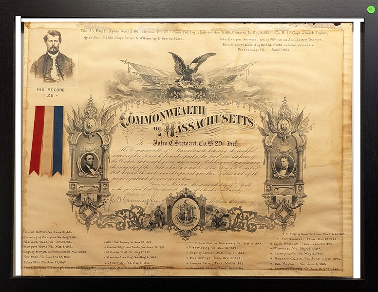 The Massachusetts Certificate Issued For A Killed in Action Soldier ... And Is Embellished With Manuscript History Of The Soldier And His Regiment.