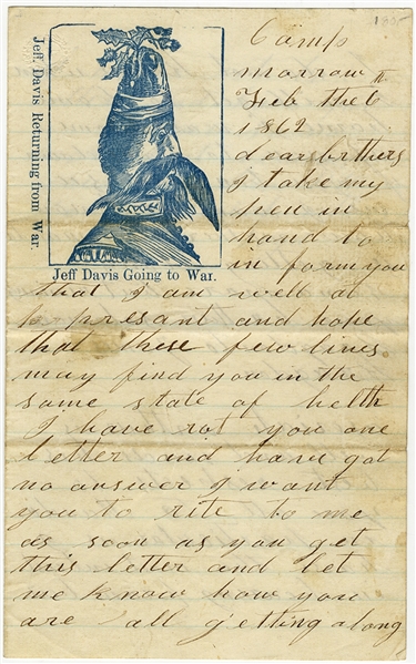 Metamorphic Jeff Davis Returning From War, Union Patriotic Stationery Letter By KIA Vicksburg Siege Victim.    USA Letter: 2/06/62 Pvt. Solomon Bragdon, Co. H, 56th Ohio (KIA Vicksburg, MS,...