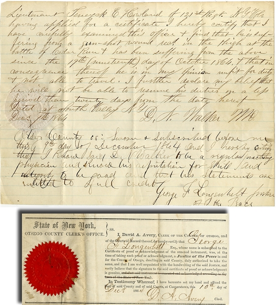 Battle of Cedar Creek Medical Certificate