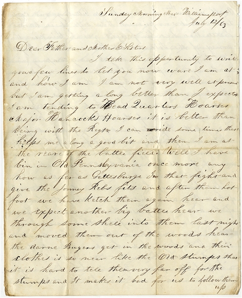 Describes Gettysburg as “It is the hardest battle that has been fought yet” ... and in Frederick City, “we saw a spy hung on a tree, over in (the town) they left him hanging for 3 days 